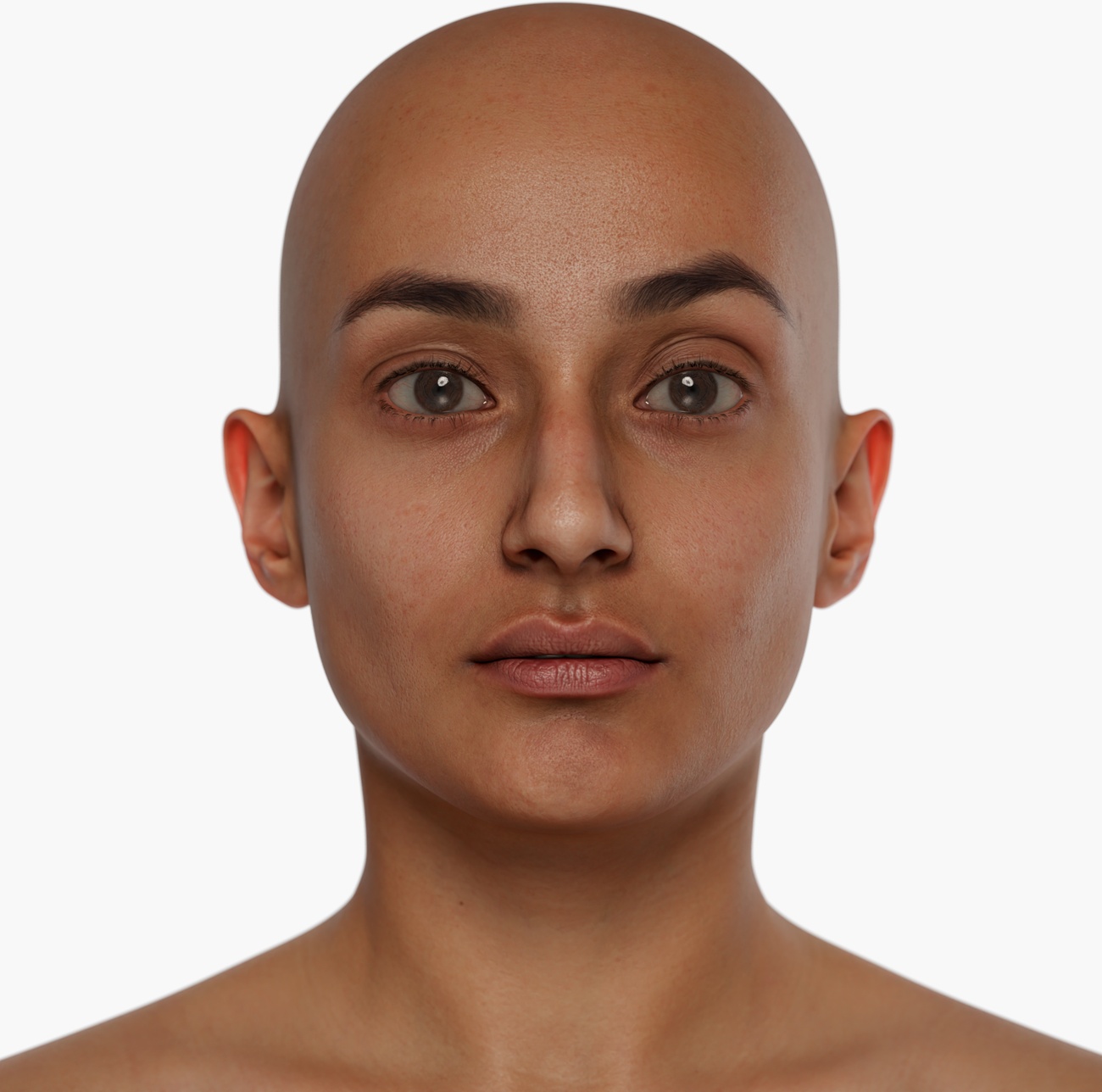 High-resolution 3D head scan of a female with smooth skin and soft facial features, detailed geometry render